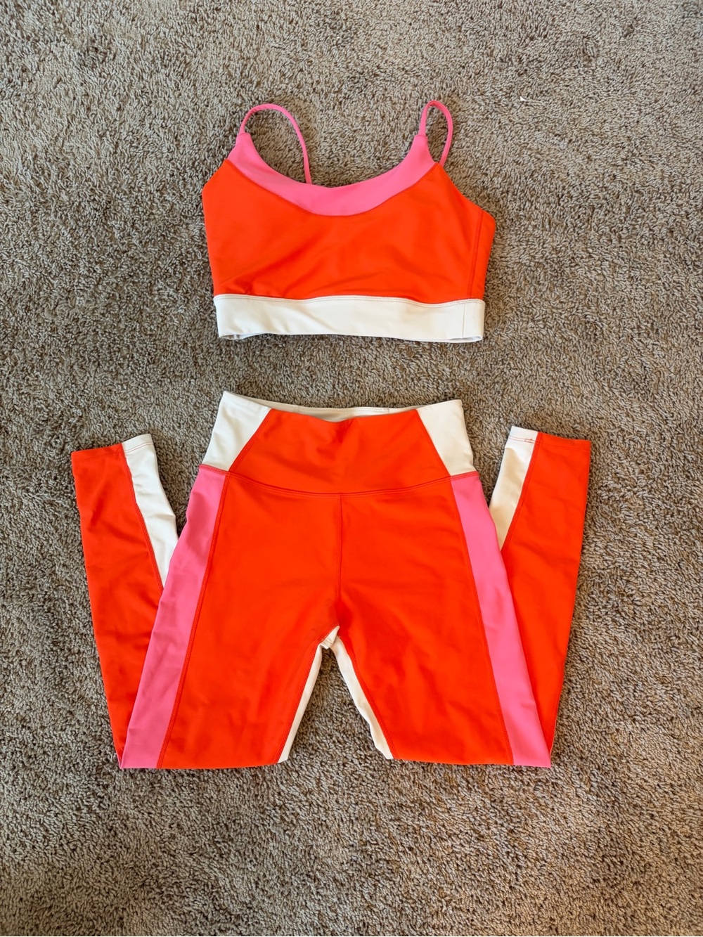 Colorblock Active Leggings & Sports Bra Set - Orange, Pink, White